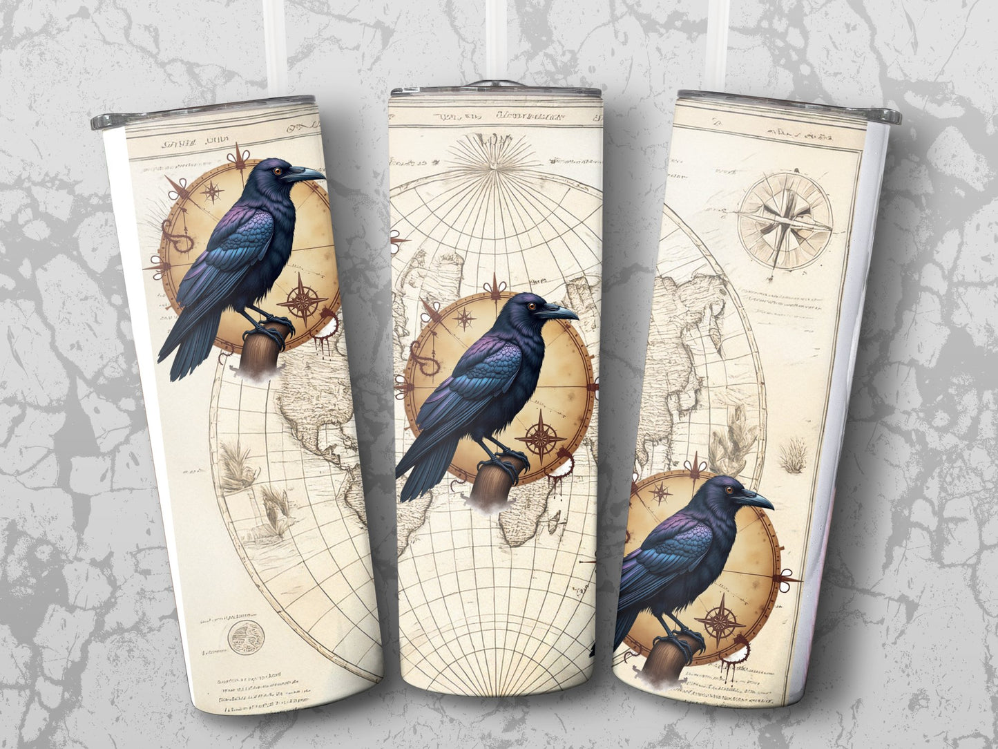 Vintage Raven Map Wall Art Prints, Nautical Compass Navigation Decor Set