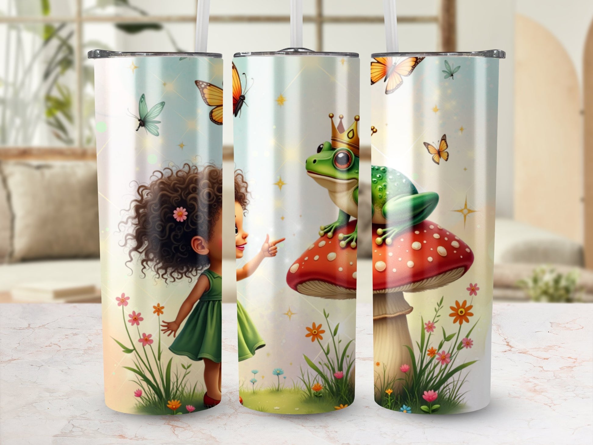 Fairy Tale Water Bottles, Kids Insulated Drinkware, Frog Mushroom Fantasy Tumblers with Butterflies and Flowers