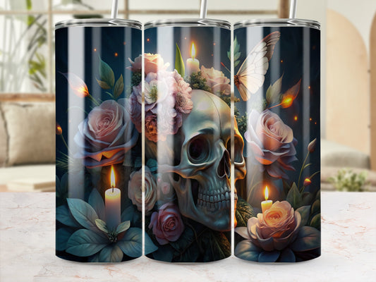 Gothic Skull Floral Candle Art Print Tumbler, Unique Rose Butterfly Design, Halloween Drinkware Gift