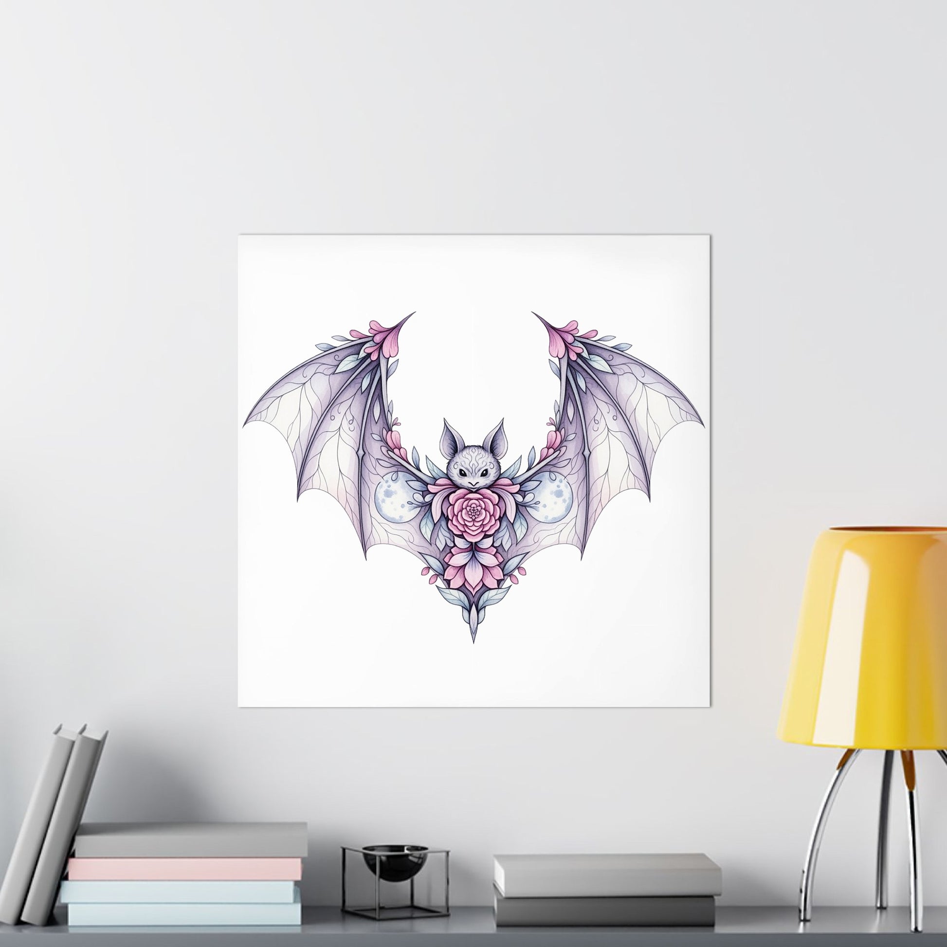 Gothic Bat Art Print, Floral Vampire Bat Wall Decor, Fantasy Rose Bat Illustration, Unique Home Decoration