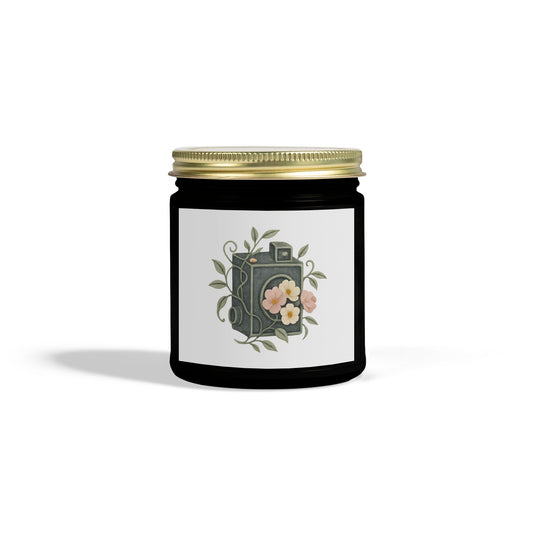 Vintage Camera Floral Design Candle Jar, Scented Soy Wax, Unique Home Decor Gift
