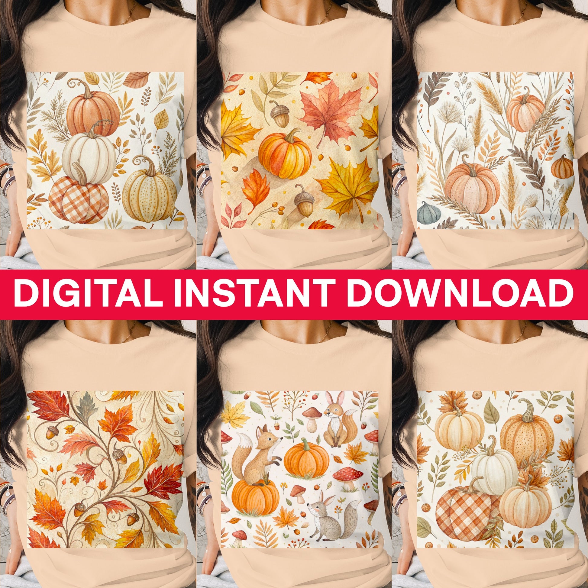 Autumn Pumpkin Patterns Digital Download, Fall Leaves Clipart, Thanksgiving Printable Designs for DIY Crafts and Projects