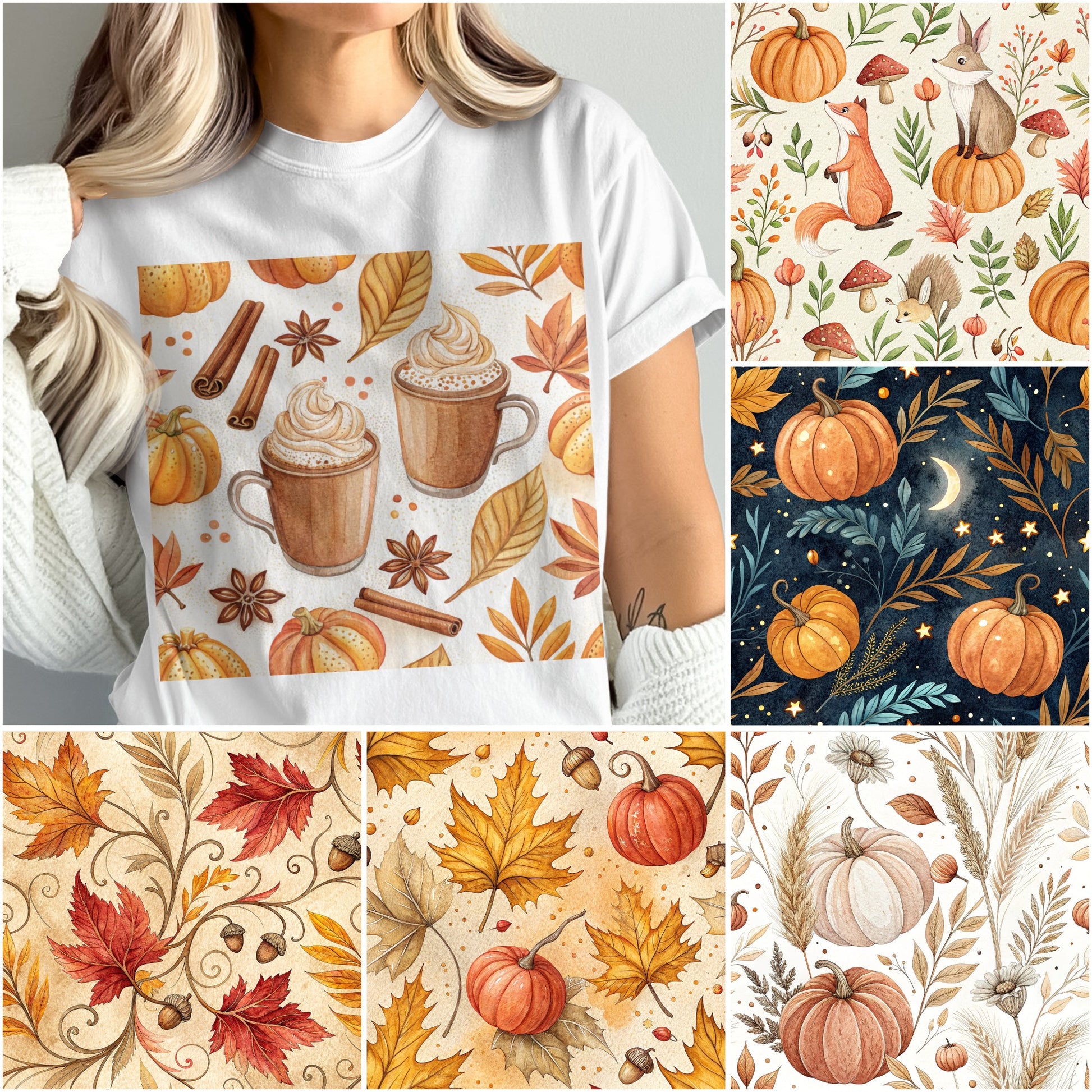 Autumn Themed T-Shirt, Pumpkin Spice Latte, Leaves, Fall Harvest Design, Cozy Coffee Graphic Tee, Women's Fashion Top
