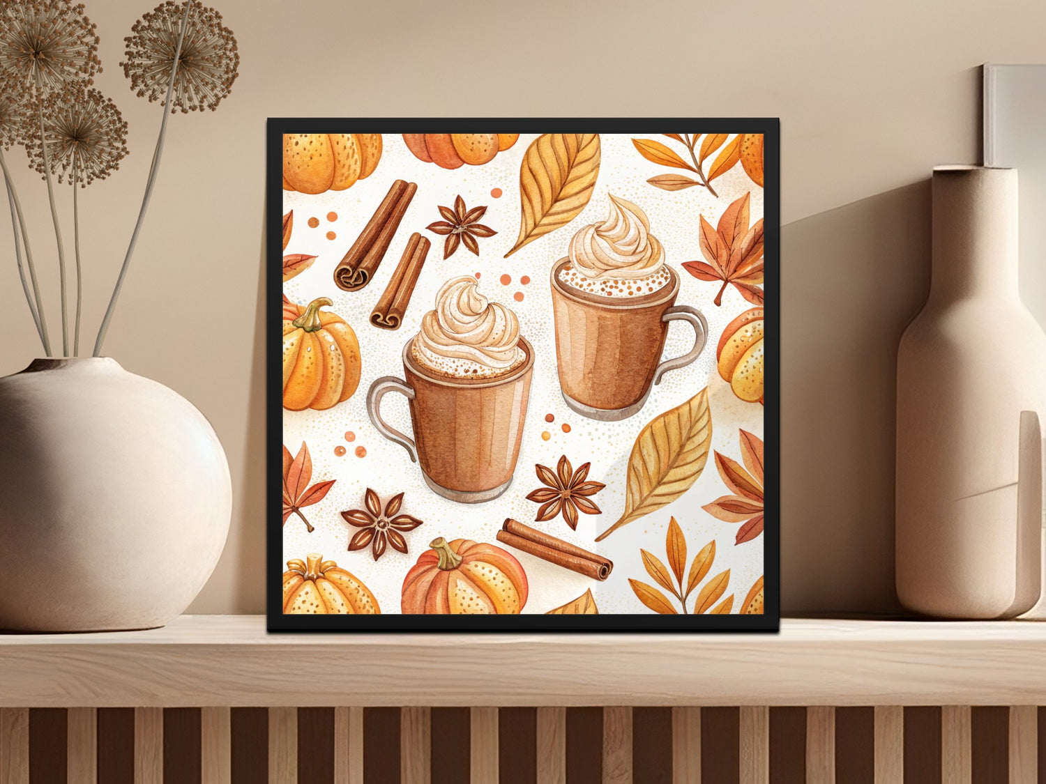 Autumn Pumpkin Spice Latte Art Print, Fall Coffee Decor, Cinnamon and Star Anise Illustration for Kitchen