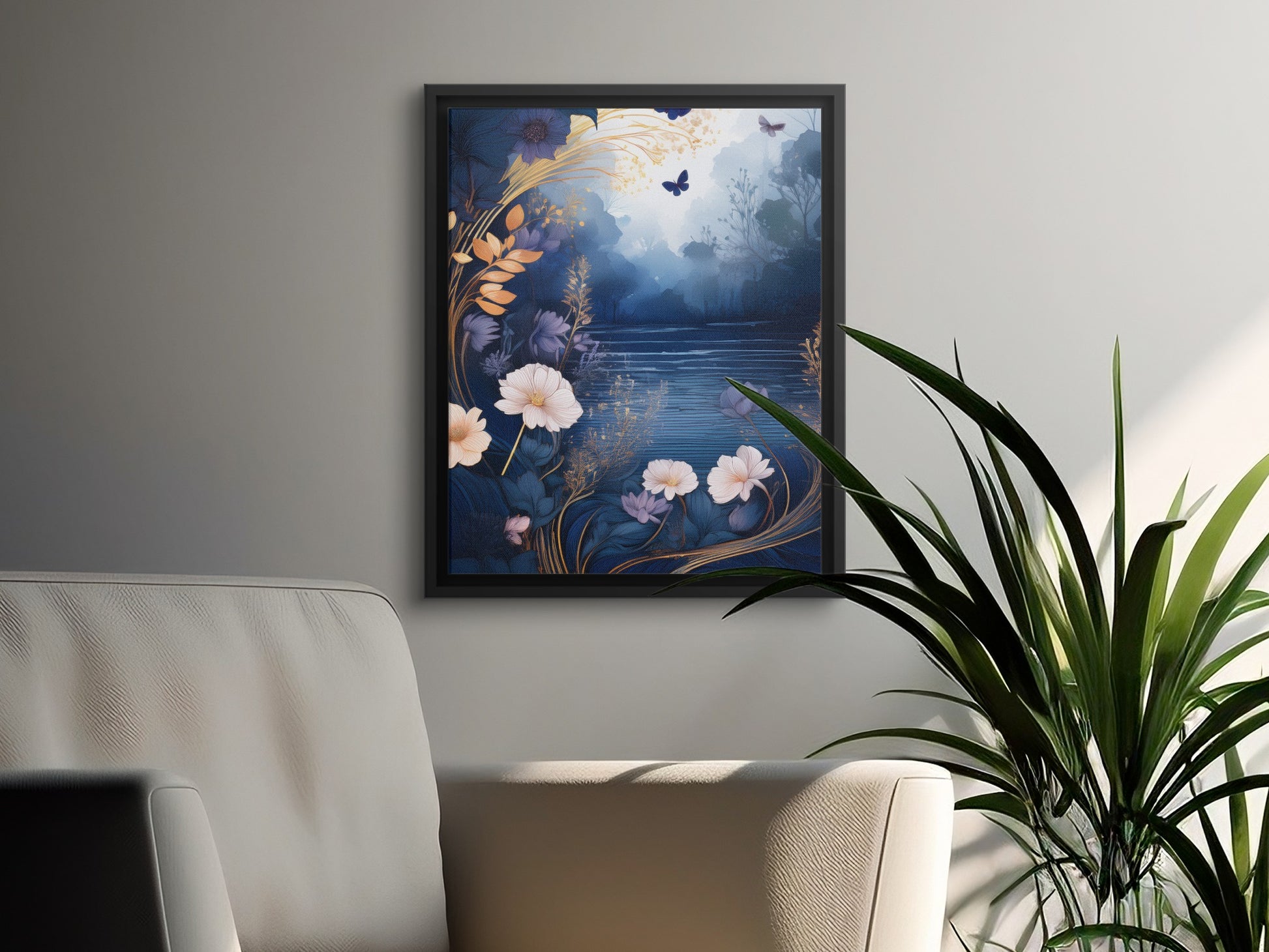 Floral Landscape Art Print, Nature Wall Decor, Botanical Home Interior, Scenic Water Pond Design, Modern Artwork for Living Room Decor