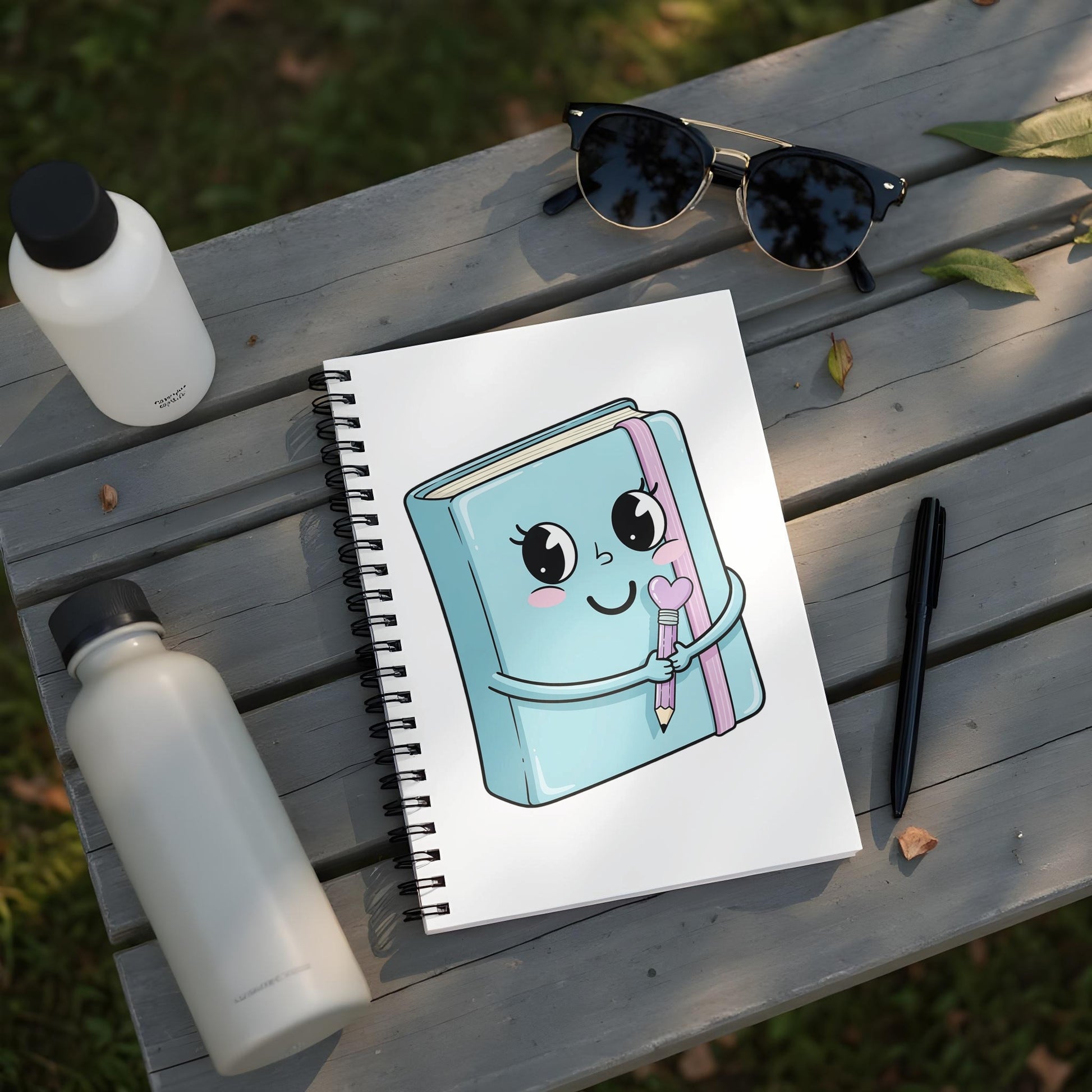 Cute Kawaii Notebook Design Spiral Bound Journal with Sunglasses and Pen Outdoor Setting