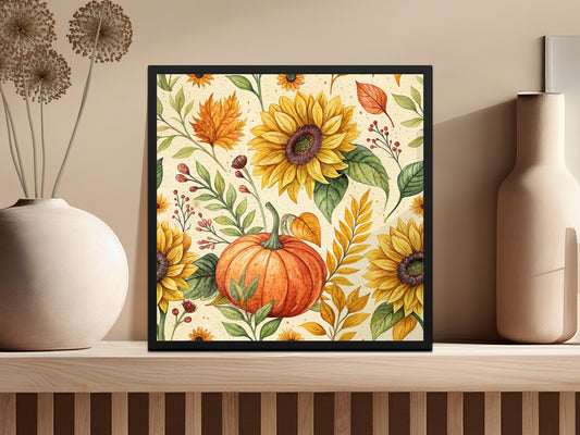 Autumn Themed Wall Art, Sunflowers and Pumpkin Print, Fall Season Floral Decor, Vibrant Kitchen Artwork