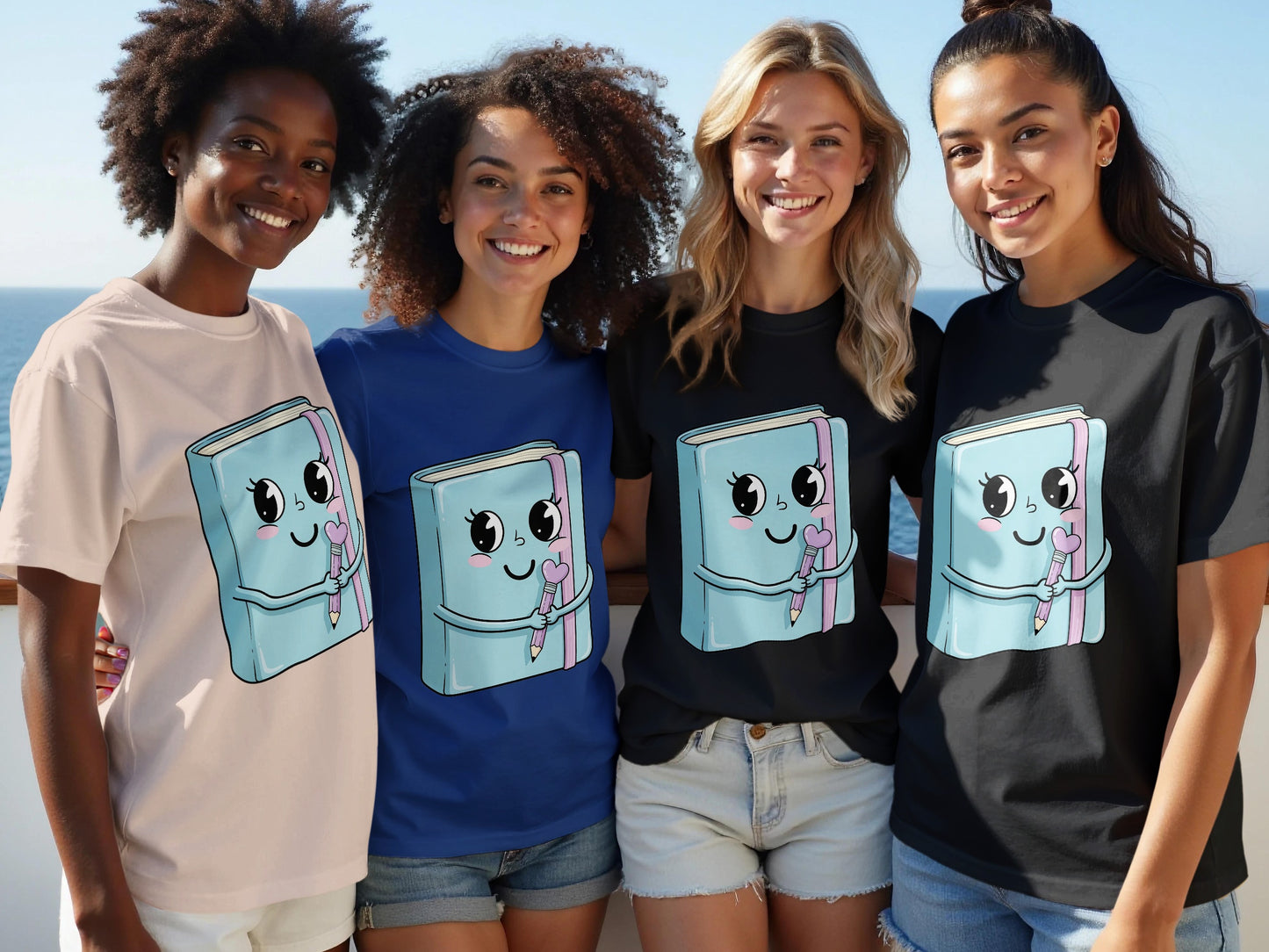 Cute Cartoon Book Graphic T-Shirt, Colorful Casual Summer Tees, Women's Unisex Cotton Shirt