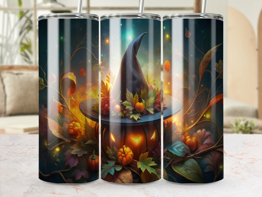 Autumn Witch Hat Hanging Lights, Halloween Decor, Fall Pumpkin Illustration, Magical Night Lanterns, Enchanted Forest Theme Decorative
