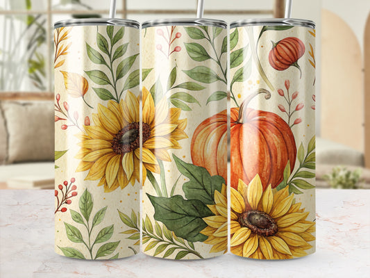 Autumn Tumblers Set, Sunflower and Pumpkin Design, Fall Leaves Insulated Drinkware, Seasonal Kitchen Decor