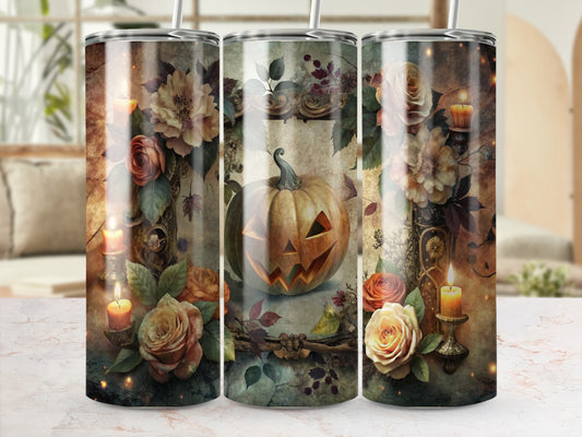 Vintage Floral and Pumpkin Tumbler Set, Autumn Inspired Drinkware, Elegant Fall Kitchen Decor, 20oz Stainless Steel