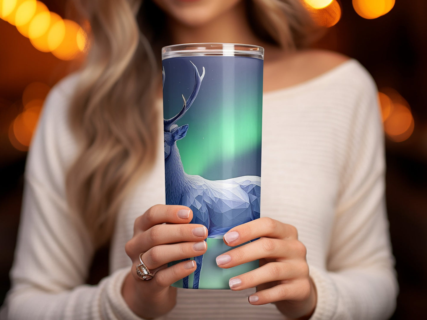 Geometric Deer Northern Lights Tumbler, Insulated Travel Mug, Unique Wildlife Art Drinkware, Gift Idea