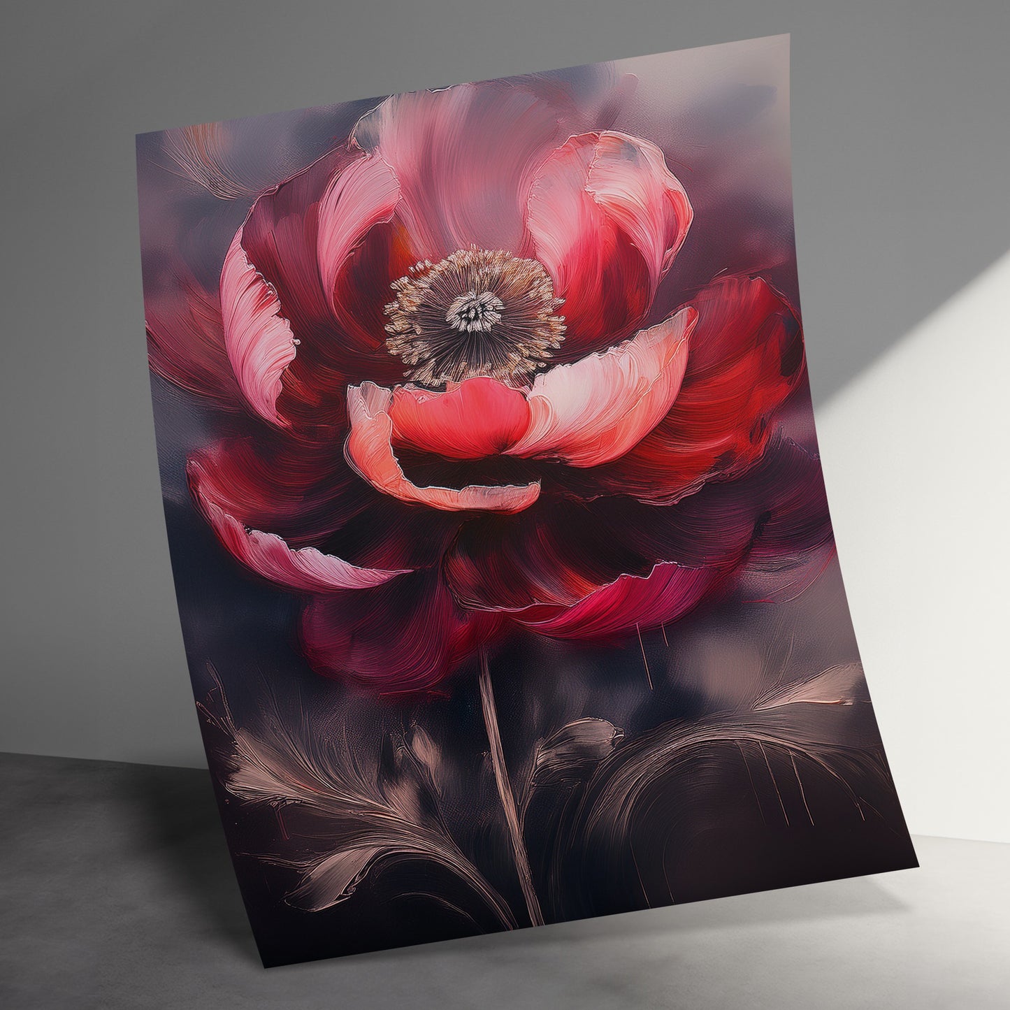 Large Red Floral Art Print, Modern Abstract Flower Wall Decor, Vibrant Home Decoration, Colorful Botanical Poster