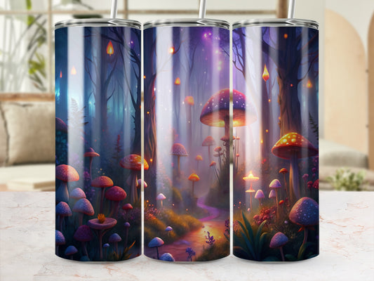Enchanted Forest Mushroom Tumblers, Magical Landscape Insulated Cups, Fantasy Art Drinkware, Unique Gift Idea