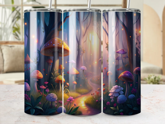 Enchanted Forest Tumbler, Magical Mushroom Night Scene, Stainless Steel Drinkware, Colorful Fantasy Art Insulated Cup