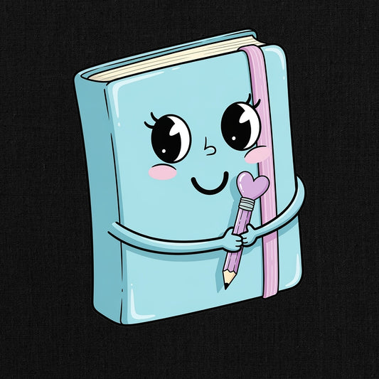 Cute Cartoon Notebook with Heart Pencil Design, Blue Kawaii Notebook, Gift for Writers and Students, Creative Journaling