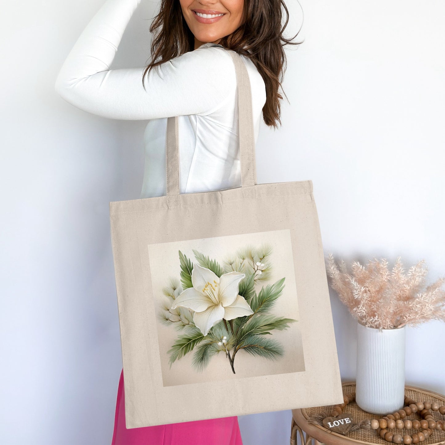 Elegant White Lily Floral Tote Bag, Canvas Shopping Bag, Eco-Friendly Reusable Grocery Bag, Spring Fashion Accessory
