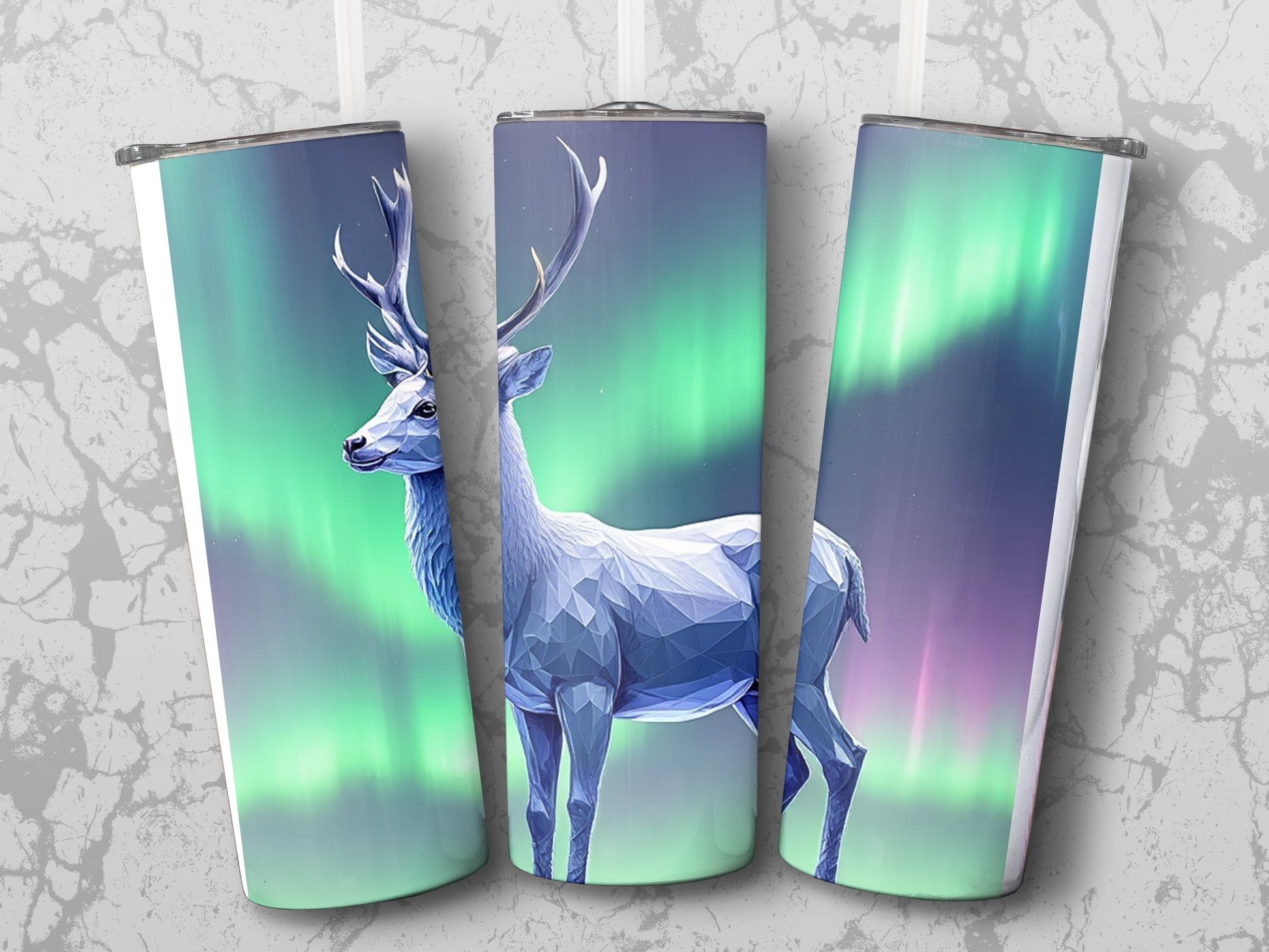 Geometric Deer Wall Art Prints, Northern Lights Deer Poster, Abstract Animal Decor, Set of Three Canvas Prints
