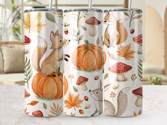 Autumn Tumbler Set with Squirrel and Pumpkin Design, Fall Leaves and Acorns, Insulated Drinkware