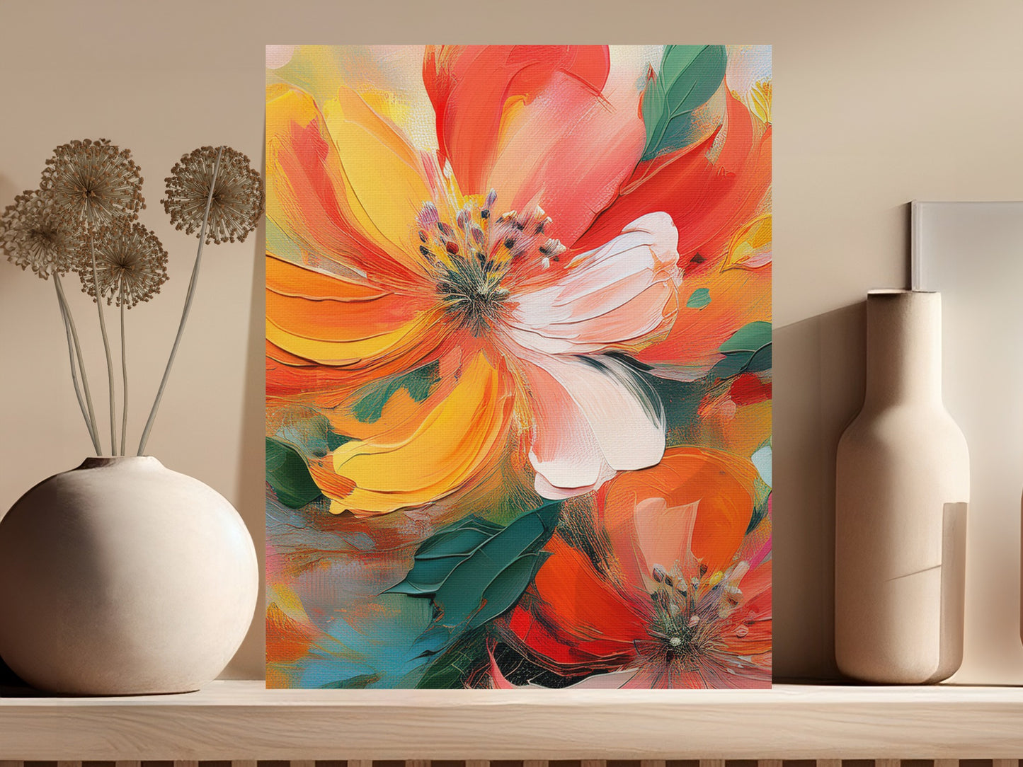 Vibrant Floral Canvas Art Print, Colorful Abstract Flower Wall Decor, Modern Home Decoration, Large Wall Art