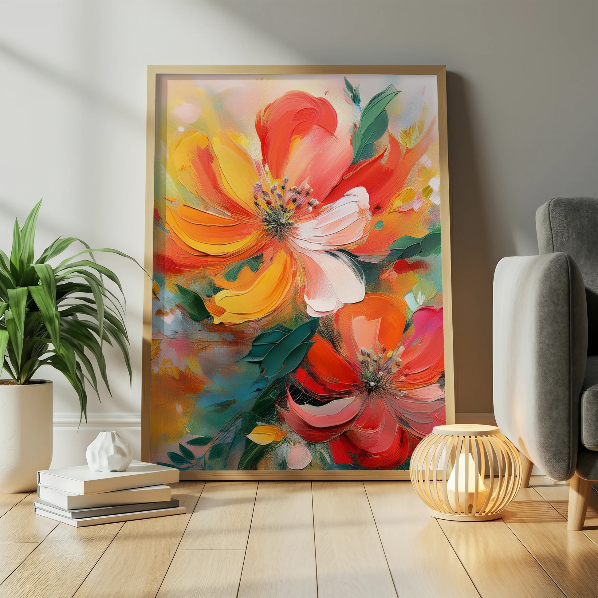 Bright Floral Canvas Art Print, Colorful Abstract Flower Wall Decor, Modern Home Decoration, Large Living Room Artwork