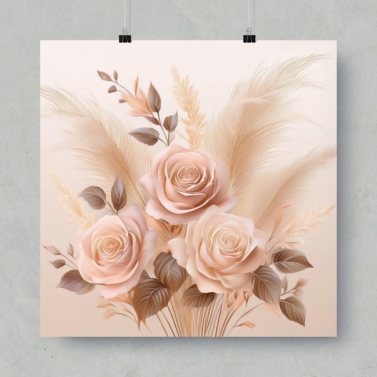 Elegant Rose and Wheat Bouquet Wall Art, Neutral Floral Print, Modern Home Decor, Botanical Poster