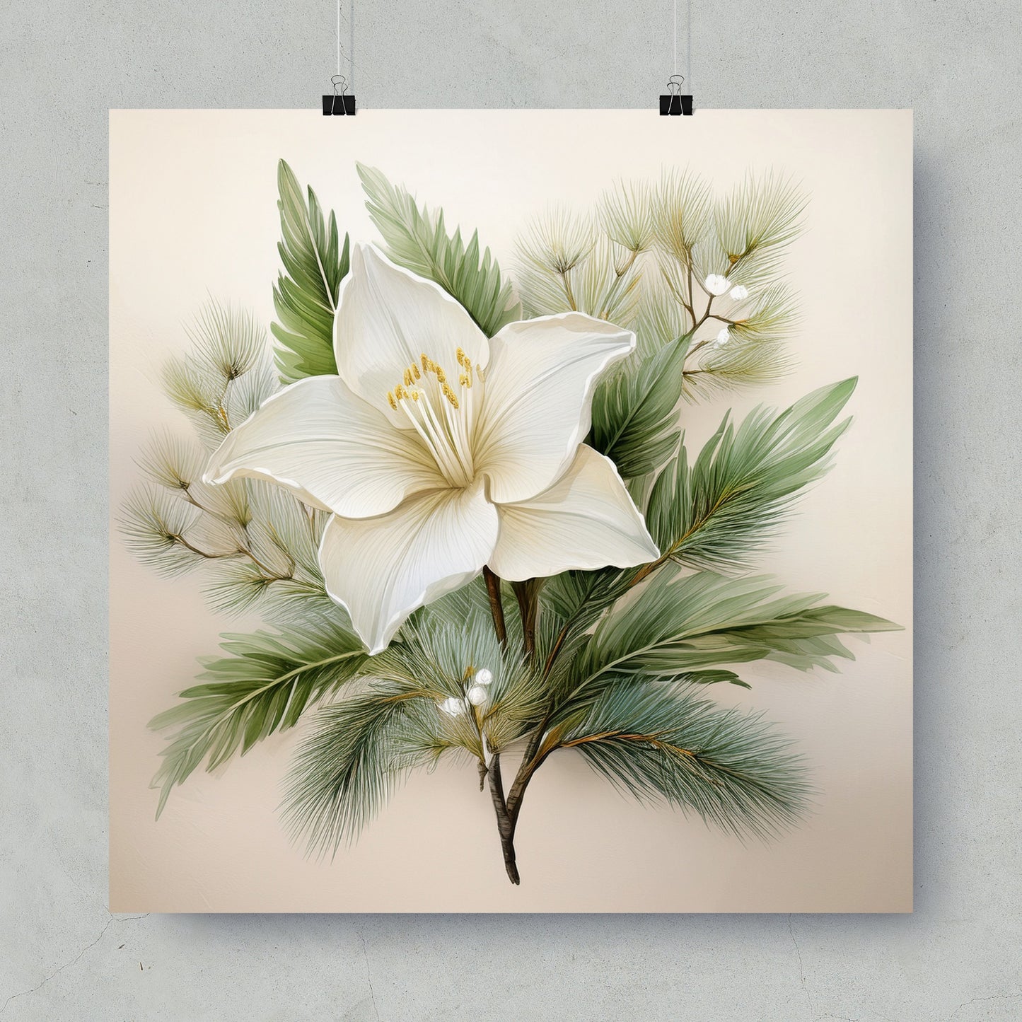 Large White Flower and Pine Needles Canvas Art, Botanical Print Wall Decor, Modern Floral Home Decoration, Nature Inspired Artwork