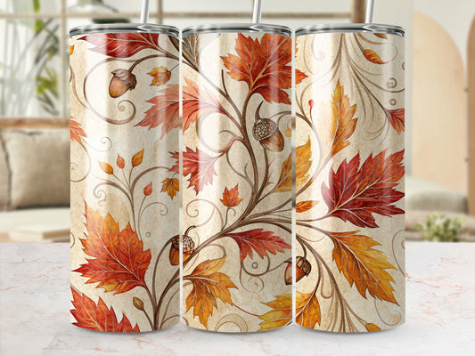 Autumn Leaf Pattern Insulated Travel Mugs, Fall Colors Stainless Steel Coffee Cups Set of 3