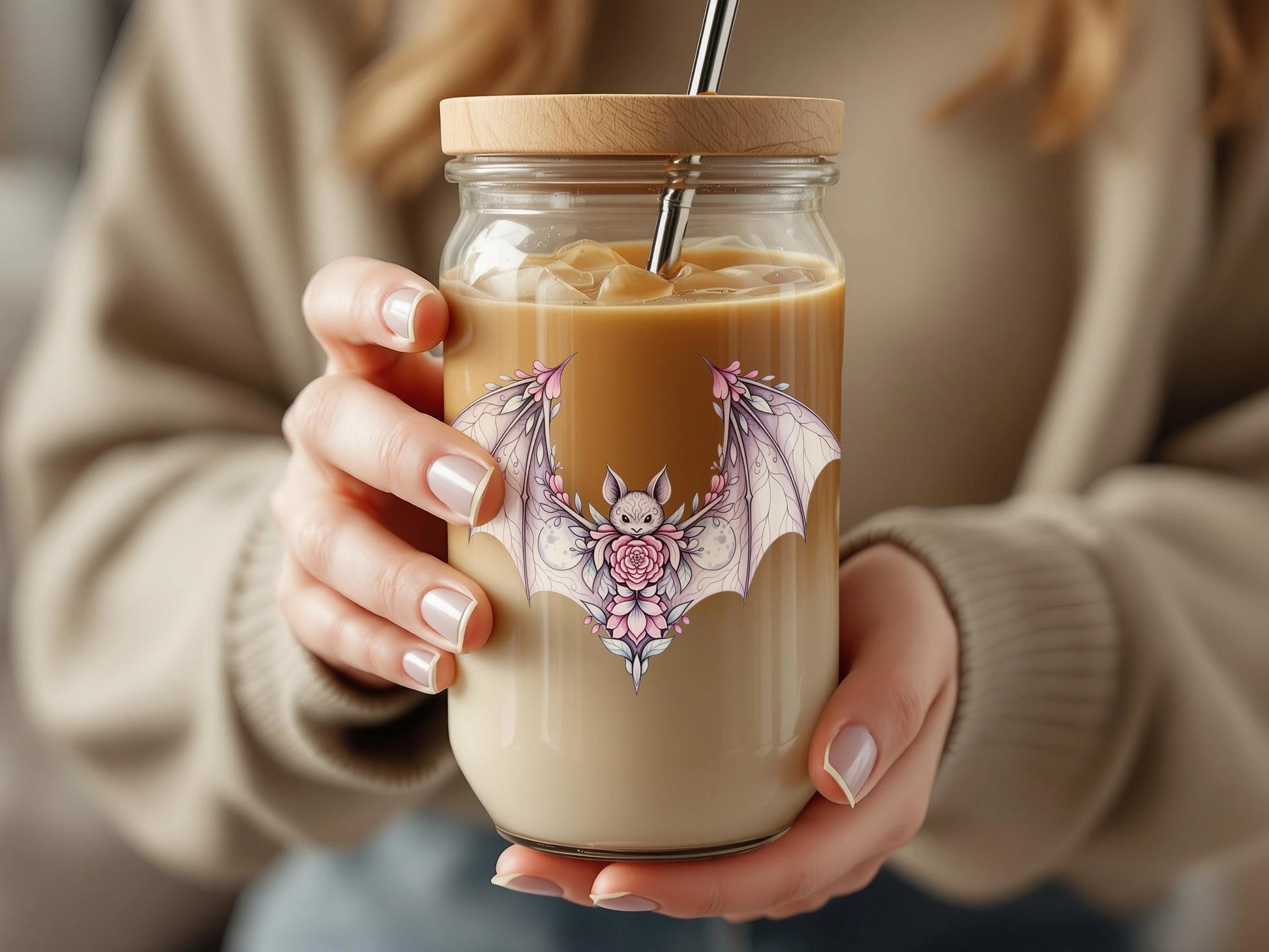 Bat Design Glass Coffee Mug, Cute Illustrated Vampire Bat, Reusable Iced Coffee Jar with Straw, Gift Idea