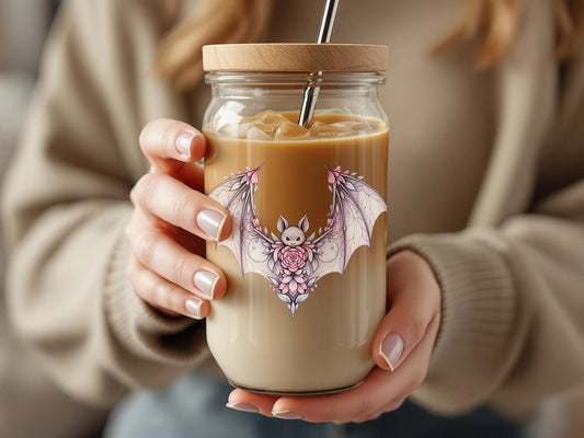 Bat Design Glass Coffee Mug, Cute Illustrated Vampire Bat, Reusable Iced Coffee Jar with Straw, Gift Idea