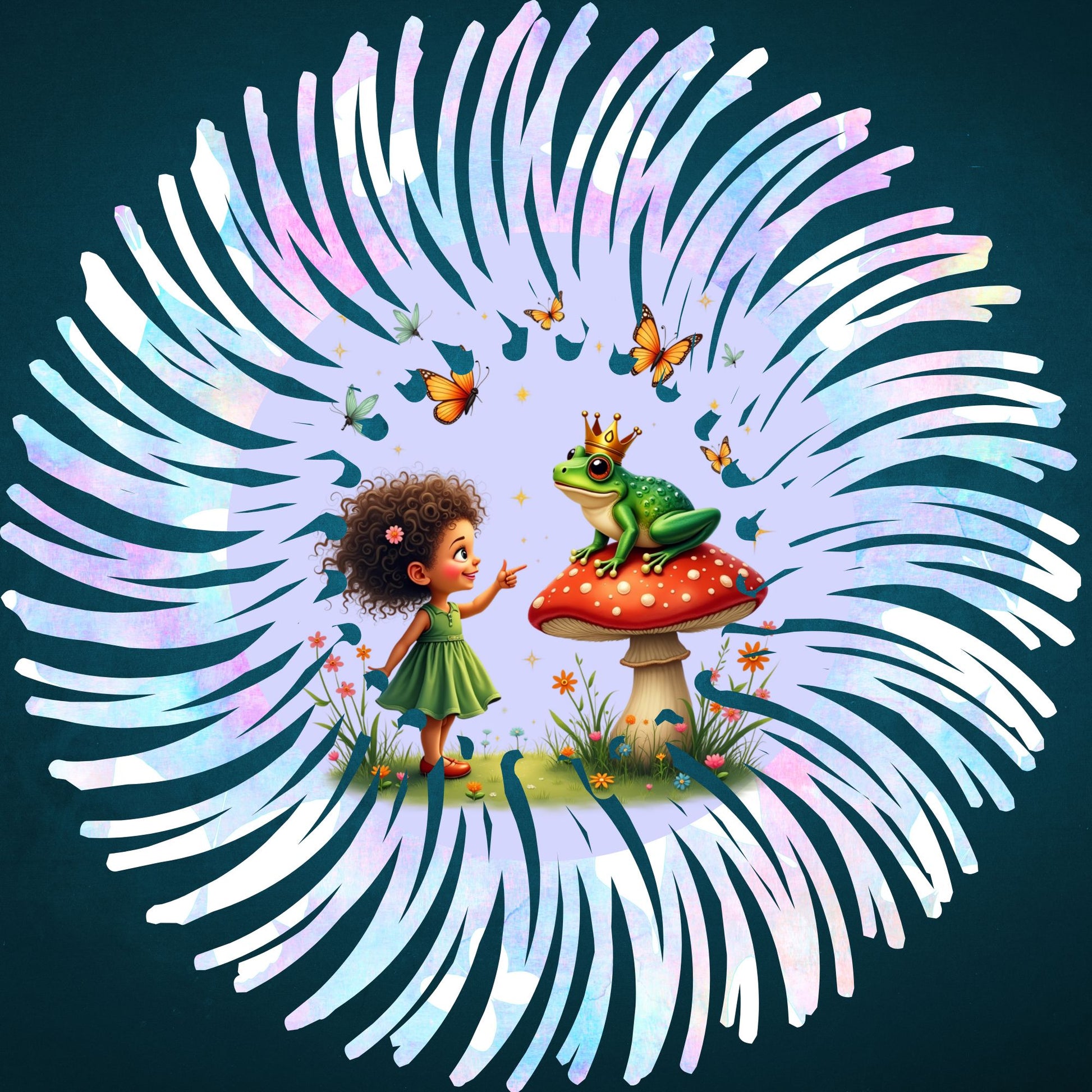Whimsical Forest Wall Art, Magical Toadstool Print, Fairy Tale Illustration, Children's Room Decor, Enchanted Frog and Girl, Vibrant Colors