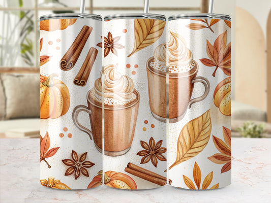 Autumn Spiced Latte Shower Curtain, Fall Leaves Pumpkin Cinnamon Coffee Decor