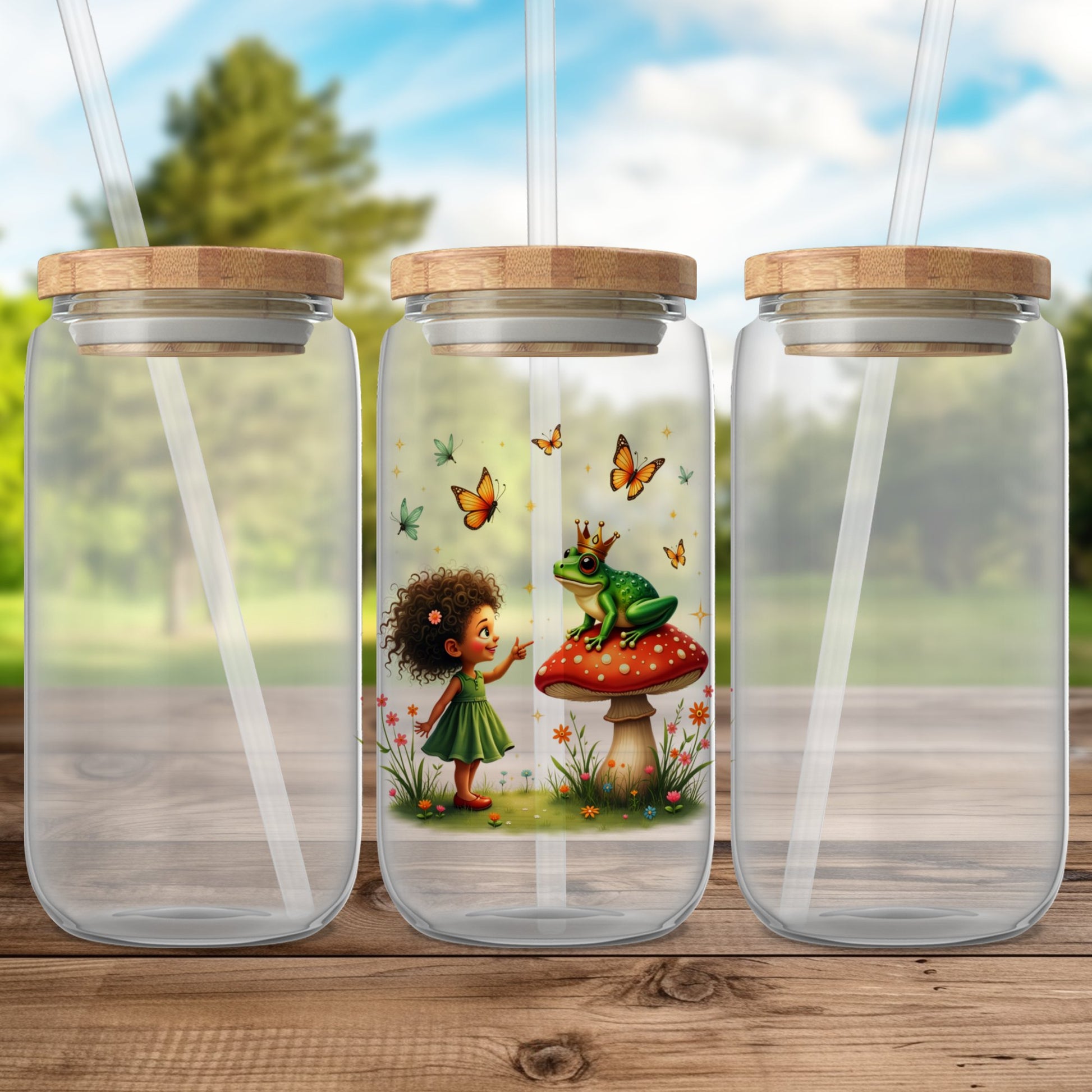 Kids Water Bottle, Glass Tumbler with Straw, Woodland Fairy Tale Design, Eco-Friendly, Reusable Drinkware, Gift for Children