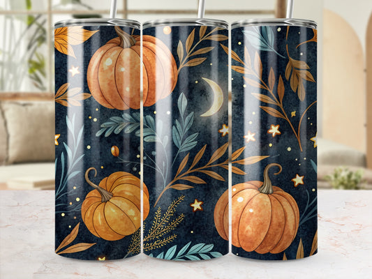 Autumn Pumpkin Shower Curtain Set, Moon and Stars, Fall Bathroom Decor, Midnight Blue and Orange