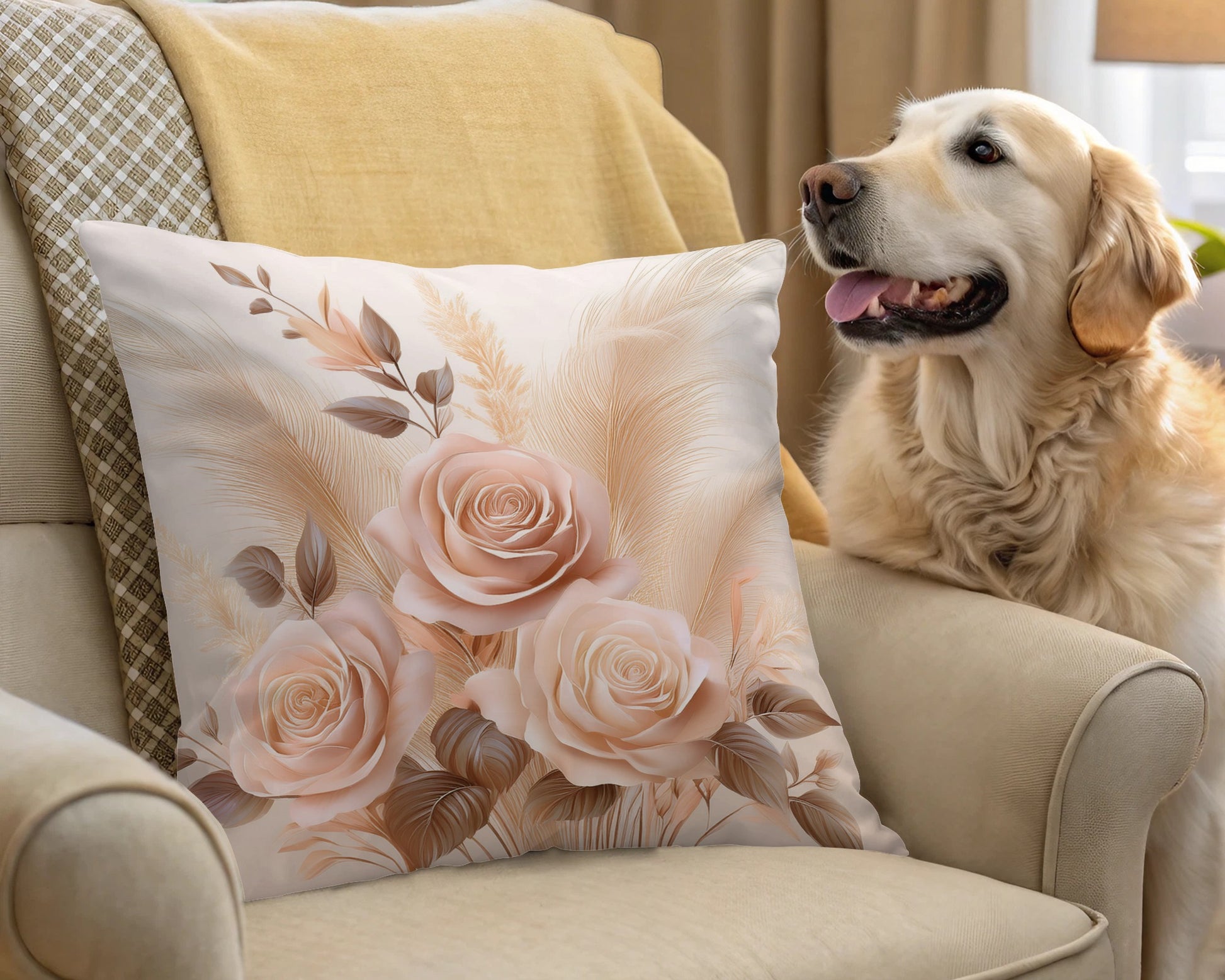 Floral Throw Pillow, Beige Rose Design Cushion, Decorative Sofa Pillow, Elegant Home Decor, Gift Idea