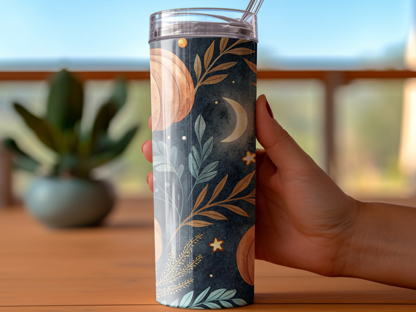Celestial Tumbler Cup with Straw, Insulated Travel Mug, Moon and Stars Design, Stainless Steel Drinkware, Gift Idea