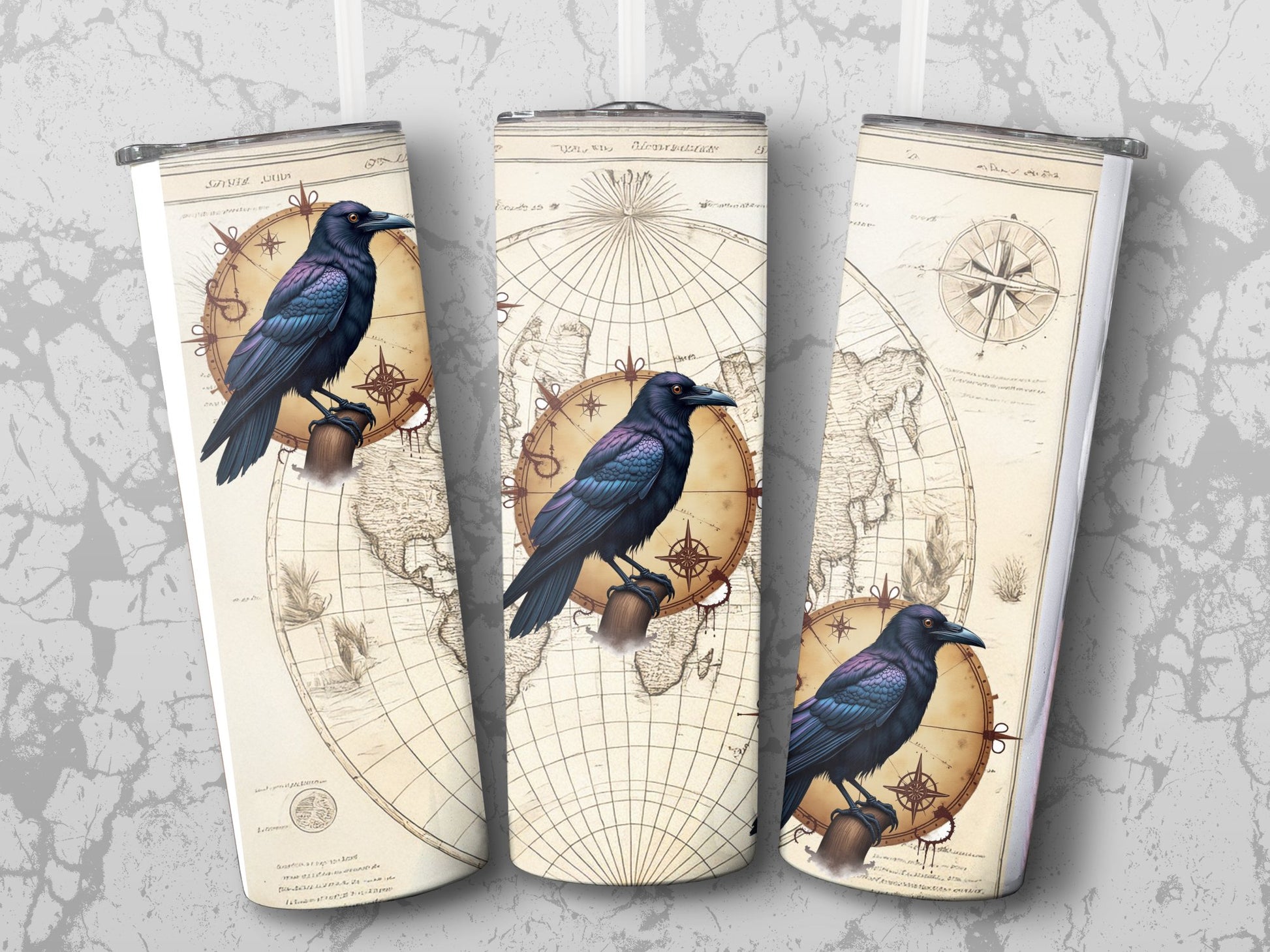 Vintage Raven Map Wall Art Prints, Nautical Compass Navigation Decor Set